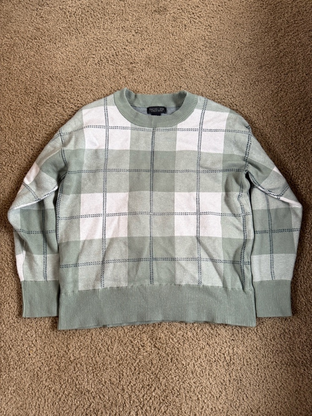Rachel Zoe Sage Green and White Check Crewneck Sweater